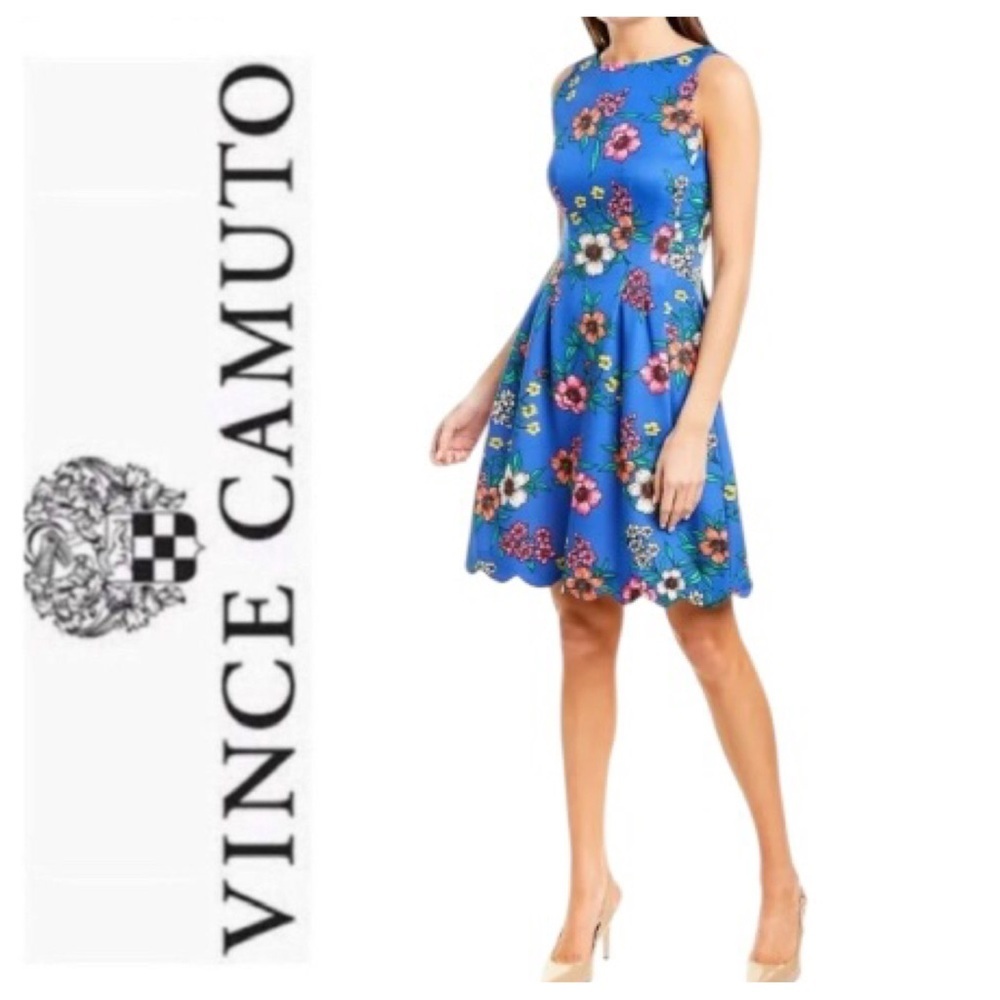 Vince Camuto Blue Floral Fit & Flare Scalloped Hem Sleeveless Dress Size 4 NWT